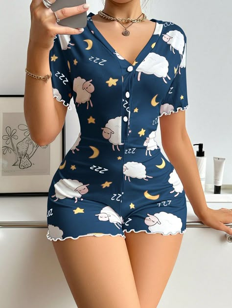 Royal Blue  Collar Short Sleeve Knitted Fabric Animal,Cartoon  Embellished Slight Stretch All Women Sleep & Lounge Cartoon Sheep, Sleepwear Women Pajamas, Short Pajamas, Printed Flare Pants, Women Cartoon, Cute Pajama Sets, Women Pajamas, Azul Real, Dress Sleeve Styles