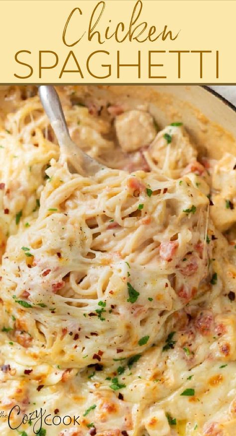 This Chicken Spaghetti Casserole is easy to assemble and makes a perfect weekday meal. This kid friendly recipe is made with 3 cheeses, rotel tomatoes, chicken, and spaghetti! Spaghetti Recipes Easy, Chicken Spaghetti Recipes, Meal Train Recipes, Pasta Dinner Recipes, Chicken Spaghetti, Easy Casserole Recipes, Spaghetti Recipes, Chicken Recipes Casserole, Chicken Dishes Recipes