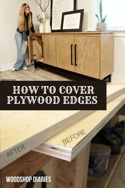 Plywood is useful in many furniture and cabinet building projects. Covering the plywood edges is easy to do and can make it look like solid wood and a finished project. Plywood Pantry Shelves, Plywood Garage Cabinets, Plywood Cabinet Doors, Plywood Pantry, Making Cabinet Doors, Homemade Cabinets, Woodworking Finishes, Mdf Cabinet Doors, Building Cabinets