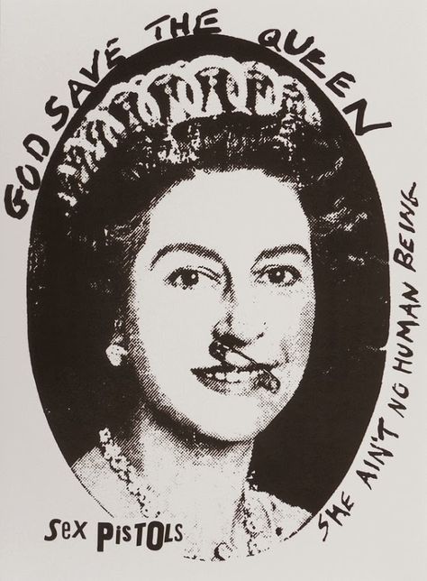 "God Save The Queen" (based on a Cecil Beaton photograph of Queen Elizabeth II, with an added safety pin through her nose and swastikas in her eyes, described by Sean O'Hagan of The Observer as "the single most iconic image of the punk era") 1970s Punk, Jamie Reid, Art Parodies, Art Punk, Poster Rock, Chrissie Hynde, Johnny Rotten, God Save The Queen, Punk Culture