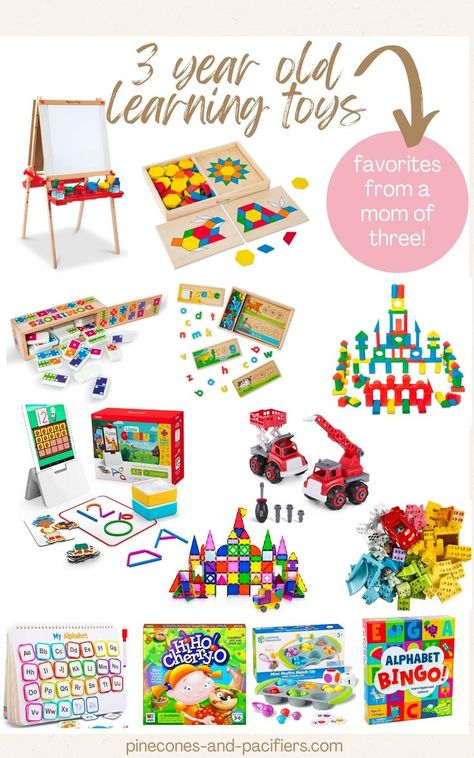 The best educational toys and gift guide for toddlers around 3 years old. I'm a mom of three and sharing what my three year old has been loving! Learning toys or educational style toys like open-ended toys, language & math skill toys, and educational games. Three Year Old Toys, Best Toys For Preschoolers, Montessori Gifts For Three Year Old, Toys For 3 Year Boy, Toys For 3 Year Girl, Three Year Old Christmas Gifts, Gifts For 3 Year Boy, Toys For 2 Year, Preschool Learning Toys