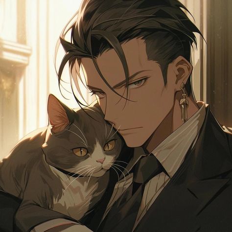 Cute Anime Guys With Cats, Man And Cat Drawing, Man With Cat Drawing, Anime Guy With Cat, Wallpaper Glass, Aesthetic Oc, French Anime, Men With Cats, Anime Cat Boy