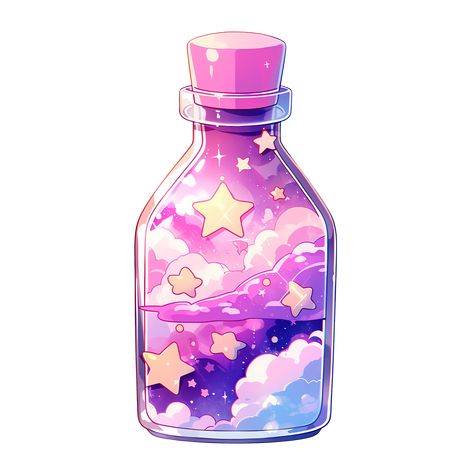 Cute Kawaii Bottle with Pastel Pink and Purple Clouds and Stars Sticker Galaxy Bottles, Kawaii Widgets, Kawaii Bottle, Superstar Daycare, Shadow Journal, 2024 Stickers, Sticker Images, Pastel Pink And Purple, Planner Themes