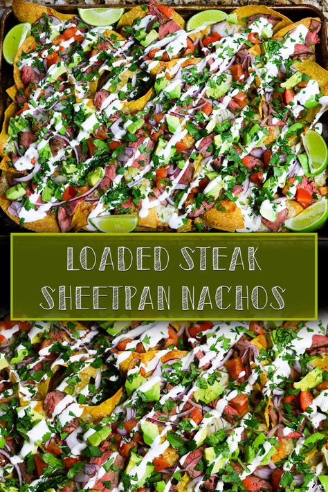 Sheet Pan Steak Nachos, Flank Steak Nachos, Flank Steak Sheet Pan, Steak Sheet Pan, Steak Nachos, Taco Dishes, Sheet Pan Nachos, Steak Dinner Sides, Pan Nachos