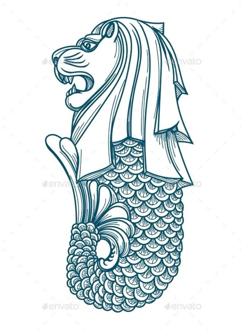 Singapore Merlion Icon #Singapore, #Merlion, #Icon Singapore Inspired Tattoos, Merlion Singapore Drawing Easy, Singapore Graphic Design, Merlion Tattoo, Singapore Illustration, Singapore Lion, Singapore Merlion, Merlion Singapore, Singapore Tattoo