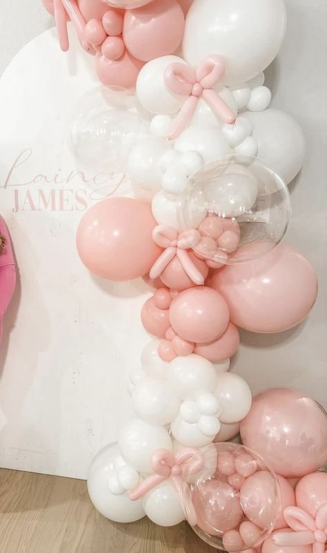 Balloons With Bows On Them, Light Pink And White Balloon Arch, Coquette Balloon Arch, Pink Bow Balloon Arch, Bow Balloon Garland, Coquette Balloons, Bow Balloon Arch, Ballerina Balloons, Coquette Baby Shower Theme