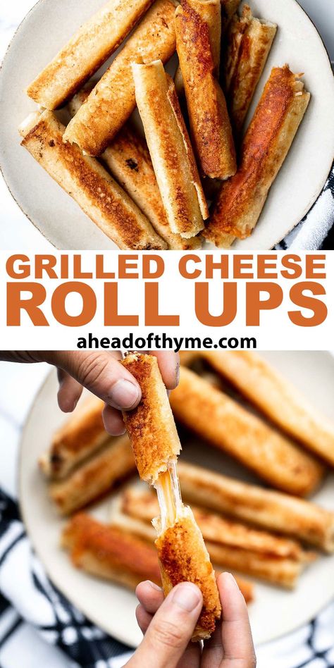 Grilled cheese roll ups are exactly what they sound like: a fun twist on a classic grilled cheese that gives you a hot handheld lunch to enjoy on its own or with a bowl or hot soup. Ready in under 15 minutes, these grilled cheese roll ups are the perfect kid-friendly lunch for back to school, as a last-minute meal on those weekdays when dinner escapes you, or as a midnight snack. These are a crowd favorite that will satisfy your cravings. | aheadofthyme.com #grilledcheeserollup via @aheadofthyme Rolled Grilled Cheese Sandwich, Baked Cheese Roll Ups, Rolled Grilled Cheese, Crescent Roll Grilled Cheese, Grilled Cheese School Lunch, Grilled Cheese Roll Ups Air Fryer, Grilled Cheese Dippers, Grilled Cheese Appetizers Mini, Make Ahead Grilled Cheese