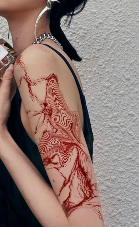 #tattoo #tattooideas #tattoosforwomen #aesthetic #abstract #abstracttattoo Artsy Sleeve Tattoo, Tattoos To Go Around Other Tattoos, Abstract Sleeve Tattoo Women, Linework Neck Tattoo, Artistic Sleeve Tattoos, Abstract Patchwork Tattoos, Red Scar Tattoo, Tattooed Sleeves Women, Cherry Waves Tattoo