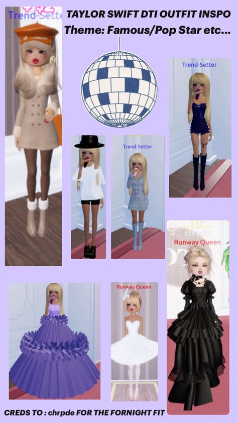 Taylor Swift DTI Outfit Inspo 🫶 Dti Theme Famous, Dti Codes, Taylor Swift Jokes, Roblox Ideas, Dti Ideas, Dti Fits, Dti Outfits, Roblox Codes, Pop Star