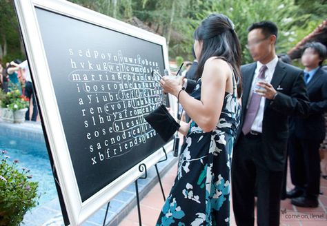 Oversized word search: 7 Ways To Make Your Cocktail Hour More Fun Wedding Reception Cocktail Hour, Wedding Table Games, Fun Wedding Games, Wedding Reception Entertainment, Guest Entertainment, Wedding Party Games, Reception Games, Wedding Games For Guests, Wedding Reception Games