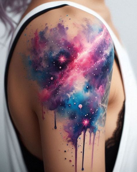 Space Tattoo Shoulder, Cool Space Tattoos, Watercolor Galaxy Tattoo, Space Tattoo Ideas, Galaxy Tattoos, Nebula Tattoo, Colour Tattoo For Women, Space Tattoos, Castle Tattoo