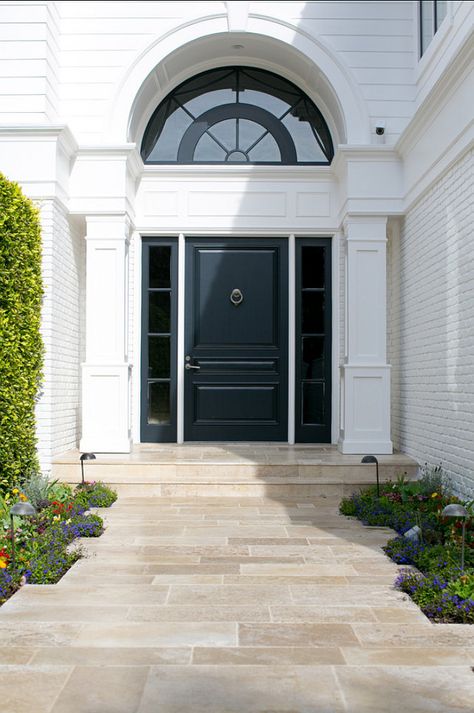 Front Door with a grand entrance. Classic Front Door. #FrontDoor #doors #tiles Black Entry Door Interior, Tile Entry, Black Entry Doors, Patio Stone, Front Door Entryway, Exterior Tiles, Black Front Doors, Home Bunch, Door Entryway