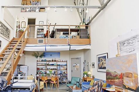 Sirima's Vintage Industrial Artist's Loft | Apartment Therapy California Loft Apartment, Live In Art Studio, Artists Apartment, Artist Loft Apartment, Artist Apartment, Mezzanine Design, Artists Homes, Home Art Studios, Live Work Studio