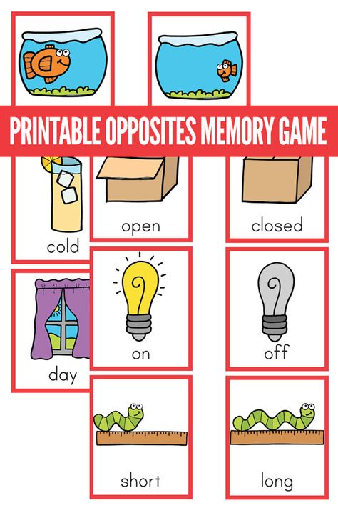 Printable Opposites Matching Game: Learning About Antonyms for PreK-1 Opposite Games For Preschoolers, Preschool Opposites Crafts, Preschool Opposites Activities, Opposites Craft, Opposites Worksheet Preschool, Memory Games For Kids Printable, Preschool Opposites, Opposite Words For Kids, Opposites For Kids