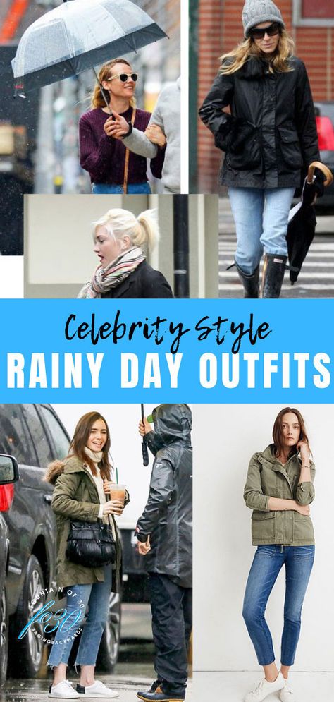 The perfect celebrity style rainy day outfits. Even our favorite celebs don't want to get wet and they look chic trying to stay dry. Here's how to get their looks!#style #fashion #celebritystyle #springfashion #streetstyle #over40style #experttips #looksforless #styletips #fountainof30 Womens Rainy Day Outfits Casual, Rainy Lake Day Outfit, Rainy Day Lunch Date Outfit, Rainy Day Fashion Street Style, Cold Rainy Day Outfit Winter Work, Rainy Weather Fashion, Rainy Day Sightseeing Outfit, Rainy Day Jeans Outfit Work, Street Style Rainy Day