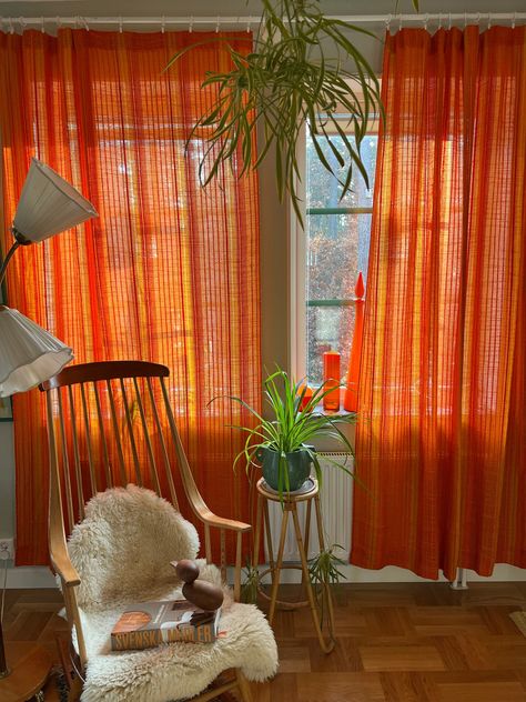 Bedroom With Orange Curtains, Colourful Sheer Curtains, Curtains Instead Of Blinds, Burnt Orange Sheer Curtains, Cool Curtains Living Room, 70s Vintage Home Decor, 70s Curtains Living Room, Orange Curtains Aesthetic, 70 Home Decor