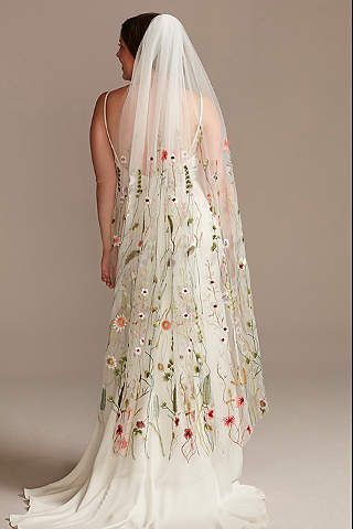 View Colorful Embroidered Floral Cottagecore Mid Veil WPD29417RW2 Earthy Wedding Dresses, Cottage Core Wedding, Floral Wedding Veils, Cottagecore Wedding, Flowers To Make, Floral Veil, Flower Veil, Earthy Wedding, Veil Styles