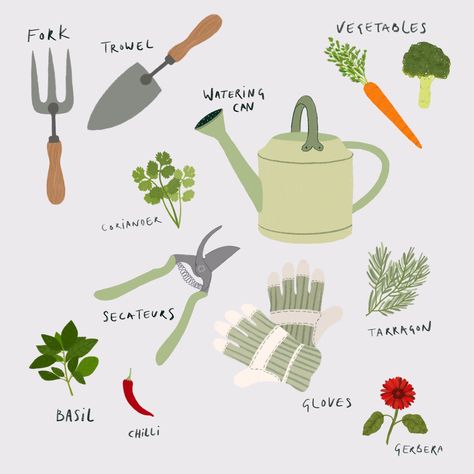 garden illustration Gardening Illustration Art, Allotment Illustration, Gardening Doodles, Garden Tools Illustration, Vegetable Garden Illustration, Watering Illustration, Garden Illustration Art, Garden Design Drawing, Gardening Tools Illustration