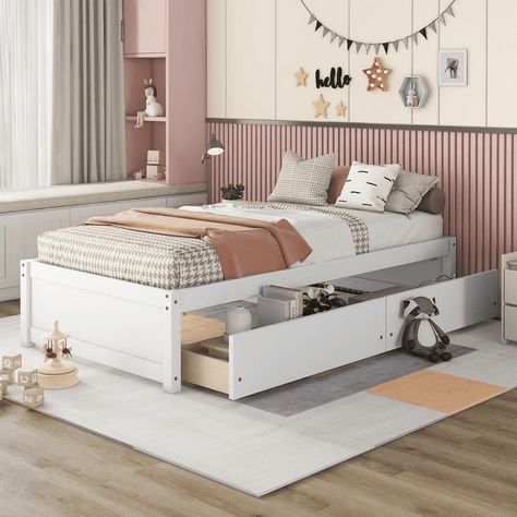 Twin Size Bed Frame with 2 Storage Drawers, Wood Single Platform Bed No Headboard, Twin Bed for Kids Teens Adults (White) - Walmart.com Platform Bed No Headboard, Bed No Headboard, Twin Bed With Storage, Twin Bed With Drawers, No Headboard, Twin Storage Bed, Kids Twin Bed, Bed Frame With Drawers, Twin Size Bed Frame