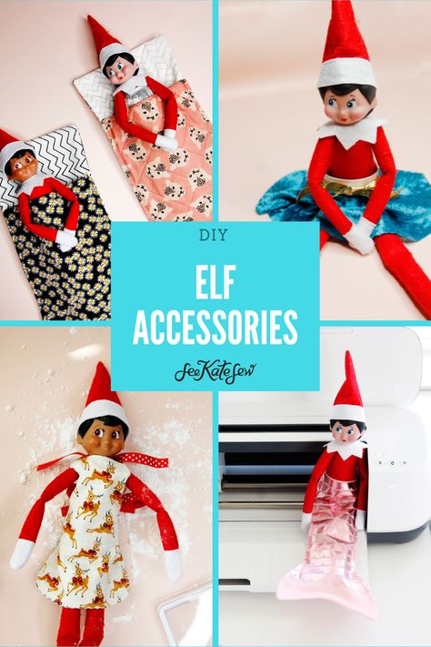 5 fun things to make for your elf on the shelf - see kate sew Easy Diy Elf On The Shelf Clothes, Diy Clothes For Elf On The Shelf, Diy Elf On Shelf Clothes, Elf On The Shelf Sewing Projects, Elf On The Shelf Clothes Pattern, How To Make Elf On The Shelf Clothes, Elf On A Shelf Clothes Diy, Elf On The Shelf Sleeping Bag, Elf On The Shelf Patterns Free Printable