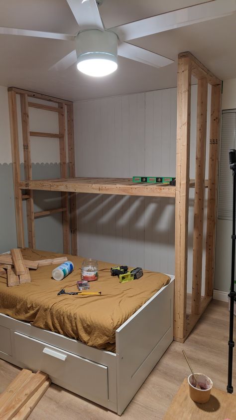 Built-In Bunkbeds Part 1 Diy Bunk Beds Plans, Built In Bunkbeds, Bunk Bed Shelf, Corner Bunk Beds, Ikea Mattress, Bunk Bed Plan, Bunk Beds For Boys Room, Grandkids Room, Diy Bunk Bed