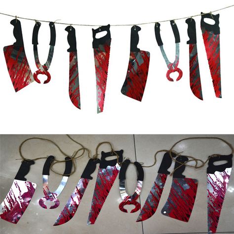 Halloween Bloody Weapons Garland Prop Decoration Blood Tools Saw Knife Hanging… Saw Halloween, Creepy Halloween Party, Haunted House Halloween Party, Soirée Halloween, Dekorasi Halloween, Scary Halloween Decorations Diy, Halloween Office, Casa Halloween, Creepy Halloween Decorations