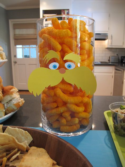 Lorax party - centerpiece Lorax 2nd Birthday Party, Lorax Food Ideas, Lorax Party Food, Dr Suess Snack Ideas, Dr Seuss Party Food, Lorax Themed Birthday Party, One I Am Dr Seuss Birthday Party, Lorax Snacks, Dr Seuss Food Ideas