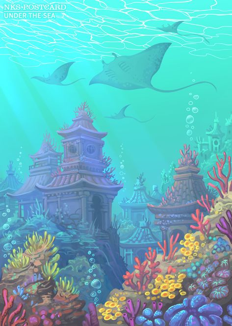 Ocean World Art, Water World Fantasy Art, Underwater Landscape Art, Fantasy Sea Art, Under Water Illustration Ocean, Underwater Illustration Art, Underwater Art Illustration, Underwater World Drawing, Undersea Drawing