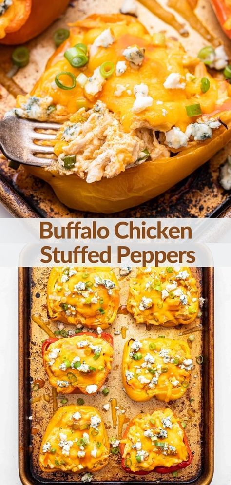 These buffalo chicken stuffed peppers are creamy, spicy, and a must make if you love buffalo chicken! They're great for an easy weeknight dinner, meal prepping, and a must make for game day! #buffalochicken #stuffedpeppers #lowcarb #mealprep #healthydinner #easymeals #ketorecipes #chickenrecipes Buffalo Chicken Peppers Stuffed, Buffalo Stuffed Peppers, Buffalo Chicken Peppers, Buffalo Chicken Stuffed Peppers, Stuffed Veggies, Runners Food, Pepper Recipes, Chicken Stuffed, Dinner Meal