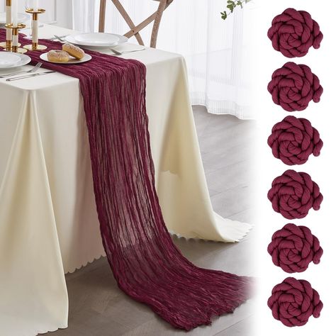 PRICES MAY VARY. PREMIUM MATERIAL: The burgundy table runner is made of 100% premium cotton gauze fabric. The cheese cloth table runner has beautiful folds, sheer fabric, a soft and smooth feel, let your activities romance and elegance. PACKAGE INCLUDE: We offer rustic gauze table runner a set of 6 piece, enough for wedding receptions and various parties.The size of burgundy cheesecloth table runner is 35 x 120 inches, which is enough to cover dining tables that can accommodate 8-10 people. EASY Wedding Bridal Table Decorations, Boho Wedding Table Runner, Wedding Bridal Table, Burgundy Table Runner, Cheese Cloth Table Runner, Cheese Cloth Table, Table Runner For Wedding, Gauze Table Runner, Bridal Table Decorations