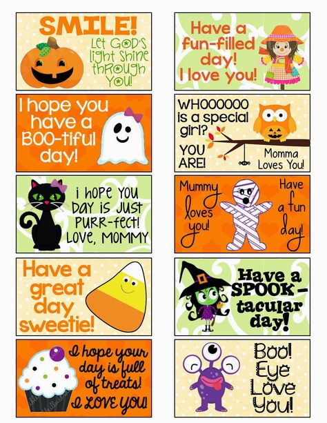 FREE Halloween Lunch Box Notes | MySunWillShine.com Halloween Lunch Box Notes, Halloween Lunch Box, Halloween Lunch, Dekorasi Halloween, Lunchbox Jokes, Dulces Halloween, Lunchbox Notes, Lunch Notes, Kids Lunches