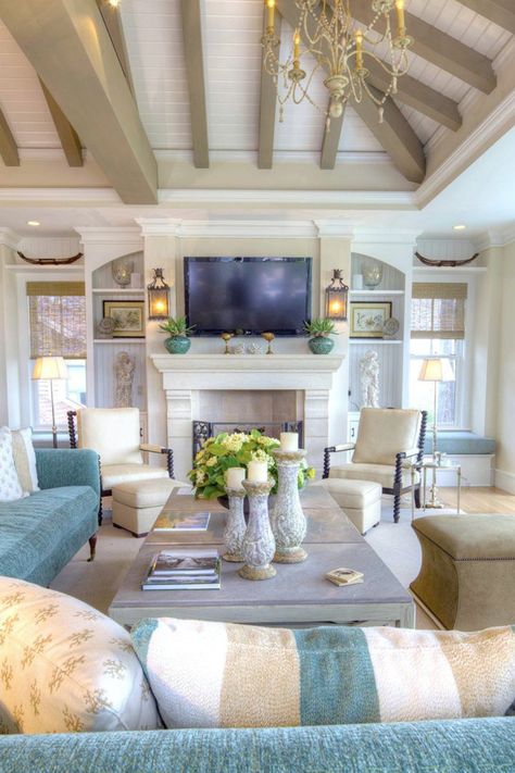 25 Chic Beach House Interior Design Ideas Spotted on Pinterest  - HarpersBAZAAR.com Chic Beach House, Beach House Interior Design, Interior Design Per La Casa, Dream Beach Houses, Flat Screen Tv, Cottage Living Rooms, Coastal Living Rooms, Beach House Interior, Coastal Living Room