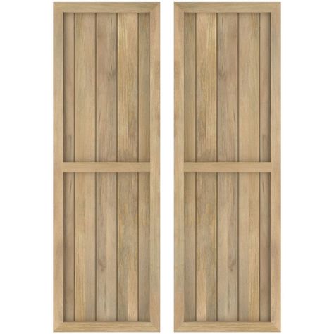 Hawaiian mango wood shutters are an eco-friendly hand-crafted decorative wood product. Produced from the high-quality mango wood tree, a distinctive textured wood grain offers golden-brown pattern variations. These durable, hardwood exterior shutters age beautifully, while offering a sustainable building product. Available in stunning unfinished stain grade, primed, or one of our long-lasting solid color wood stains, that offer durability against cracking and peeling. Hawaiian mango wood is a highly desired artisan wood and is now available in affordable, durable, and environmentally friendly exterior shutters. Ekena Millwork 2-Pack 17.5-in W x 58-in H Unfinished Paintable/Stainable Board and Batten Spaced Wood Exterior Shutters in Brown | ARW101BF518X58UNH Modern Shutters, Wood Shutters Exterior, Cedar Shutters, Shutter Designs, Board And Batten Shutters, House Shutters, Wood Exterior, Textured Wood, Sustainable Building