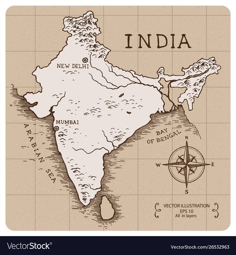 India Map Aesthetics, India Map Illustration Art, Vintage Map Aesthetic, Hand Drawn Maps, India World Map, India Illustration, India Drawing, Fx Animation, Pakistan Map