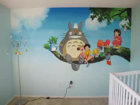 Since you guys seemed to like my Ghibli/Pixar/Disney undersea mural, here's a Ghibli characters only one I did in our previous apartment. - Imgur Undersea Mural, Totoro Nursery, Nursery Mural, Murals For Kids, Studio Ghibli Movies, Studio Ghibli Art, Daughters Room, Ghibli Art, My Neighbor Totoro