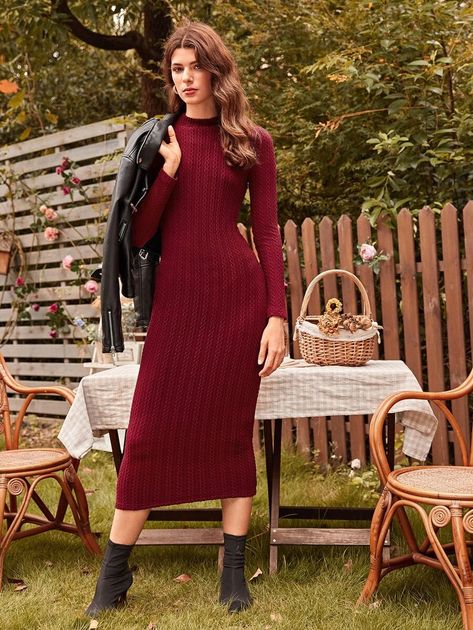 Burgundy Dress Outfit, Outfits Modernos, Sweater Dress Outfit Winter, Knitted Dress Outfit, Silk Dresses Outfit, Bordeaux Dress, Burgundy Sweater Dress, Red Knit Dress, Shop Dresses Online