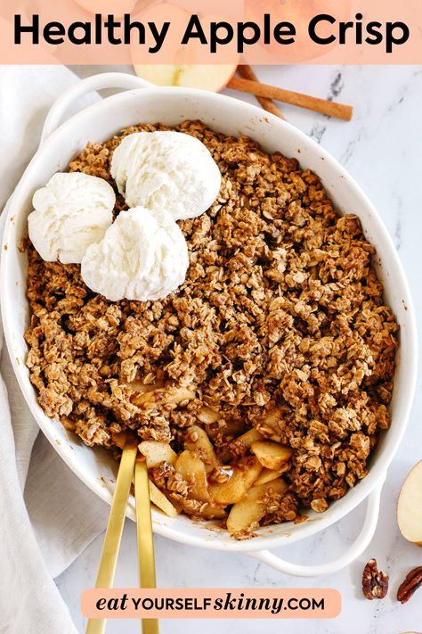 Healthy Apple Crisp loaded with tender apples, warm spices, naturally sweetened with maple syrup, and topped with a crunchy oatmeal topping! Macro Friendly Apple Crisp, Healthy Apple Crisp Breakfast, High Protein Apple Crisp, Healthy Apple Crisps, Protein Apple Crisp, Heathly Breakfast, Crunchy Oatmeal, Apple Crisp Recipe Healthy, Apple Crisp With Oatmeal