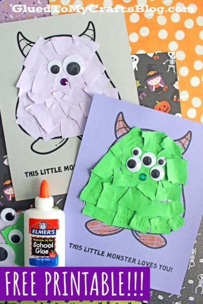 Torn Paper This Little Monster Loves You Craft - Glued To My Crafts Zombie Preschool Craft, Spooky Week Preschool, Halloween Craft Preschool Art Projects, Halloween Art And Crafts For Toddlers, Prek Halloween Crafts Easy, Tear Paper Art For Preschool, Candy Corn Monster Craft, Letter I Halloween Crafts, Easy Halloween Art Preschool