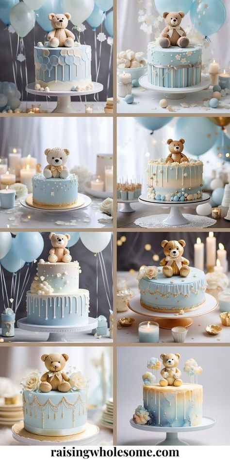 Find inspiration for teddy bear cake ideas. Teddy Bear Cake Ideas, Bear Cake Ideas, Teddy Bear Baby Shower Cake, Teddy Bear Baby Shower Centerpiece, Teddy Bear Birthday Cake, Teddy Bear Baby Shower Theme, Theme Bapteme, Bear Baby Shower Cake, Christening Cake Boy