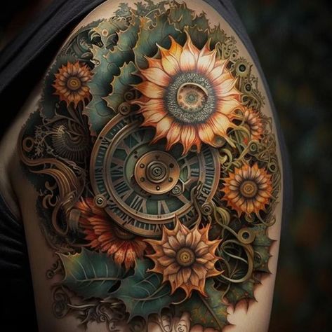 ARTTDOME on Instagram: "Crafted with precision and blooming with elegance 🌸⏰💕 Behold this captivating clockwork floral tattoo concept, where artistry meets engineering in an unforgettable masterpiece. A true ode to the beauty of nature and the ingenuity of man, this tattoo design is a must-see for any true lover of body art. Celebrate the fusion of creativity and mechanics with this stunning tattoo concept. #tattooartistry #inkedup #tattooideas #tattooinspiration #tattoodesigns #tattooartistso Steampunk Rose Tattoo, Steampunk Moon Tattoo, Floral Steampunk Tattoo, Clockwork Tattoo Design, Women’s Sleeve Tattoo Ideas Nature, Victorian Sleeve Tattoo, Steampunk Flower Tattoo, Steam Punk Tattoos, Steampunk Tattoos For Women