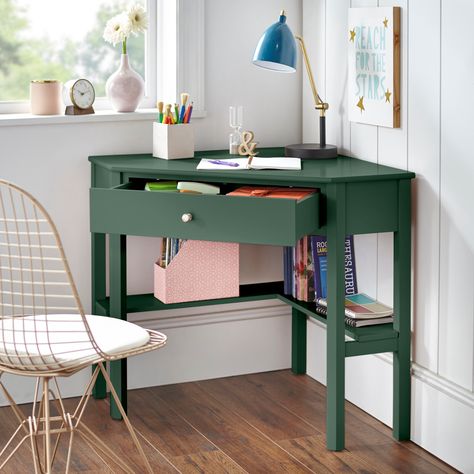 Porch & Den Lincoln Corner Desk - Bed Bath & Beyond - 19389956 Wood Corner Desk, Corner Writing Desk, Green Desk, Compact Desks, Painted Desk, Desks For Small Spaces, Inspire Me Home Decor, Bed Desk, Furniture Deals