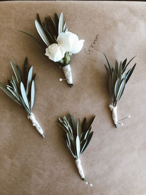 Small Boutineer Groomsmen, Olive Branch Boutonniere, Greenery Boutineer Groomsmen, Green White Boutonniere, Modern Boutineers, Pocket Boutonniere Simple, Men’s Boutonnieres, Boutineers Wedding Groomsmen, Simple Boutineer