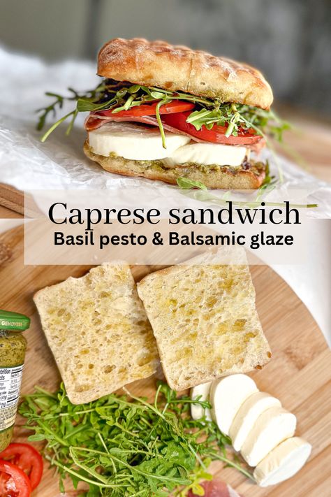 A pesto caprese sandwich with a balsamic glaze is my go-to sandwich on hot summer days when I don’t want my stove working! It’s also so simple to make using fresh ingredients that are in season such as fresh basil, juicy garden tomatoes, and my secret ingredient arugula! Tomato Caprese Sandwich, Italian Caprese Sandwich, Sandwich Night Ideas, Cold Dinner Ideas For Hot Days, Cold Sandwich Ideas, Feta Cheese Sandwich, Hot Day Dinner Ideas, Dinner Ideas For Hot Days, Summery Foods