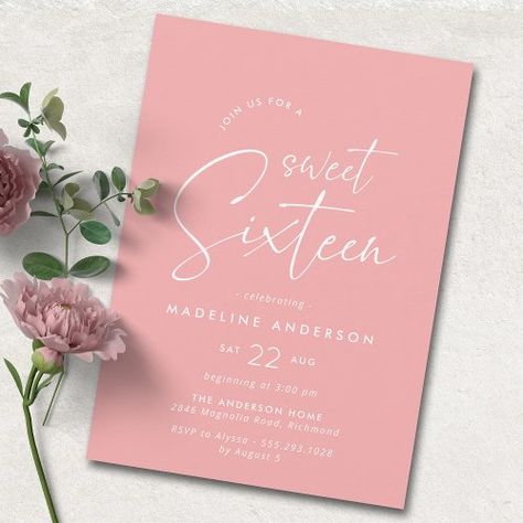 $2.82 | Sweet Sixteen | Modern Girly Pink 16th Birthday - sweet sixteen invitations, instant download girls 16th birthday, pink sweet 16 invites, fun modern simple minimalist cute, bright salmon pink blush rouge, pretty girly feminine light pink, informal casual script simplistic basic, teen girl 16th birthday party, minimal clean chic stylish elegant, digital downloadable 16th bday Pink Sweet 16 Invitation Ideas, Sweet 16 Invites Ideas, 16th Birthday Party Invitations, Pink Sweet 16 Invitations, Sweet 16 Invites, 82nd Birthday, Pink Sweet 16, 16th Birthday Invitations, Bday Invitations