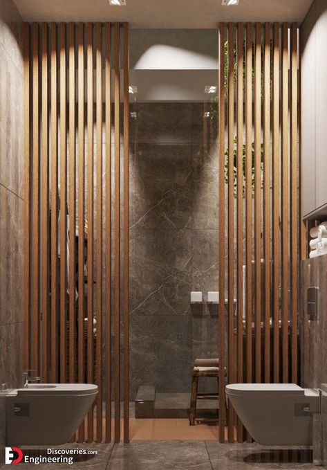 Wood Bathroom Partitions, Hiding Plumbing Pipes On Wall, Bathroom Divider, Wall Dividers, Japandi Home, Bathroom Design Inspiration, Divider Wall, Bathroom Design Luxury, Wooden Planks