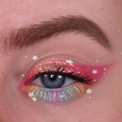 🧚🏻 Kayleigh ✨ on Instagram: "forever obsessed with lil stars 💖 i used: —- BASE: #makeuprevolution Conceal&Define concealer - the shade C2 #hudabeauty Sugar Cookie easy bake powder —- EYES: #glistencosmetics Coke Float wet liner - use code PINKISH20 for 20% off!! #beautybaycom The Pastels eyeshadow palette - all the shades #colourpopcosmetics Fade Into Hue palette - the shades Lovecraft and Atelier #danessamyricks Lust twin flames multichrome pigment #thepastelrosesuk Lynx loose pigment #wemak Rainbow Eyeliner, Fade Into Hue Palette, Fade Into Hue, Pastel Eyeshadow Palette, Coke Float, Foundation Swatches, Pastel Makeup, Drawing Hair Tutorial, Makeup Nails Art