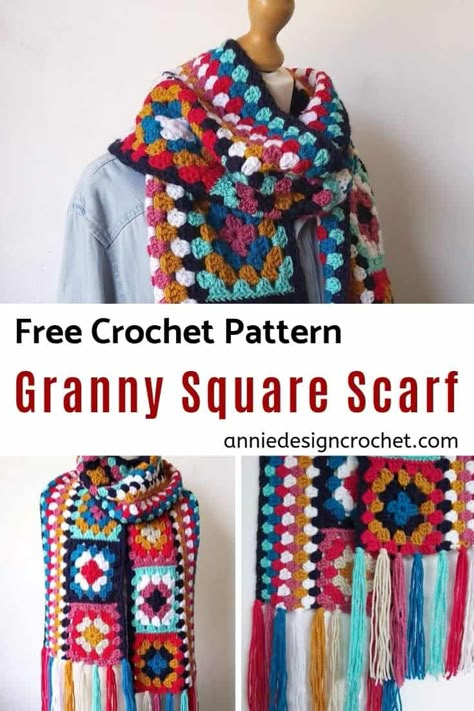 Crochet Granny Square Scarf - Easy Free Pattern - Annie Design Crochet Granny Square Scarves, Crochet Granny Square Scarf Pattern Free, Crochet Granny Square Scarf, Granny Scarf, Granny Square Scarf, Retro Crochet, Sunburst Granny Square, Squares Crochet, Scarf Ideas