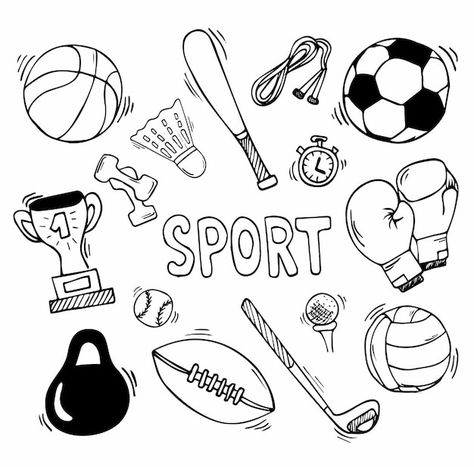 Vector hand drawn vector illustration se... | Premium Vector #Freepik #vector #sports-elements #sports-doodle #sports-equipment #sports-balls Sports Equipment Illustration, Sports Equipment Drawing, Sport Art Drawing, Sport Sketch, Sports Elements, Sports Illustrations Art, Sport Drawing, Sports Drawing, Number Grid