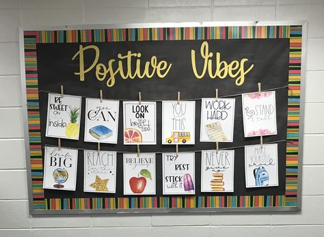 “Positive Vibes” bulletin board Bulletin Board For Principal Office, Restorative Practice Bulletin Board, Principal Office Bulletin Board Ideas, Teacher's Lounge Bulletin Board Ideas, Discipline Bulletin Board Ideas, Positive Bulletin Boards Elementary, School Secretary Bulletin Board Ideas, Workroom Bulletin Board Teacher Lounge, Middle School Motivational Bulletin Boards