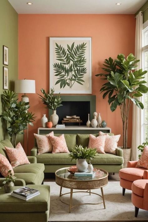 Bright Family Room Ideas, Green And Salmon Living Room, Small Living Room Ideas Colorful, Minimalist Living Room With Color, Peach And Green Living Room, Peach Living Room Ideas, Bold Colors Living Room, Living Room Designs Colorful, Boho Living Room Wall Decor